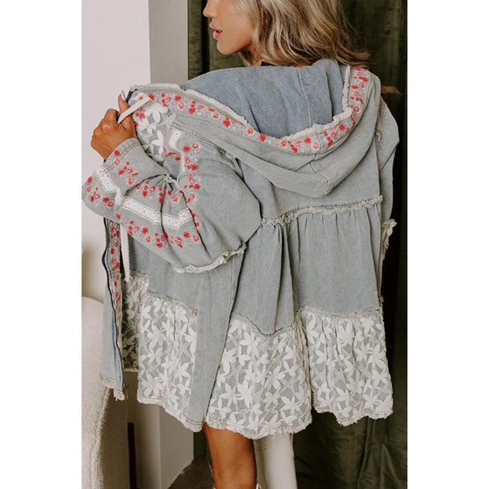 POL Denim Patchwork Floral Embroidered Tiered Hoodie - Picture 2 of 7